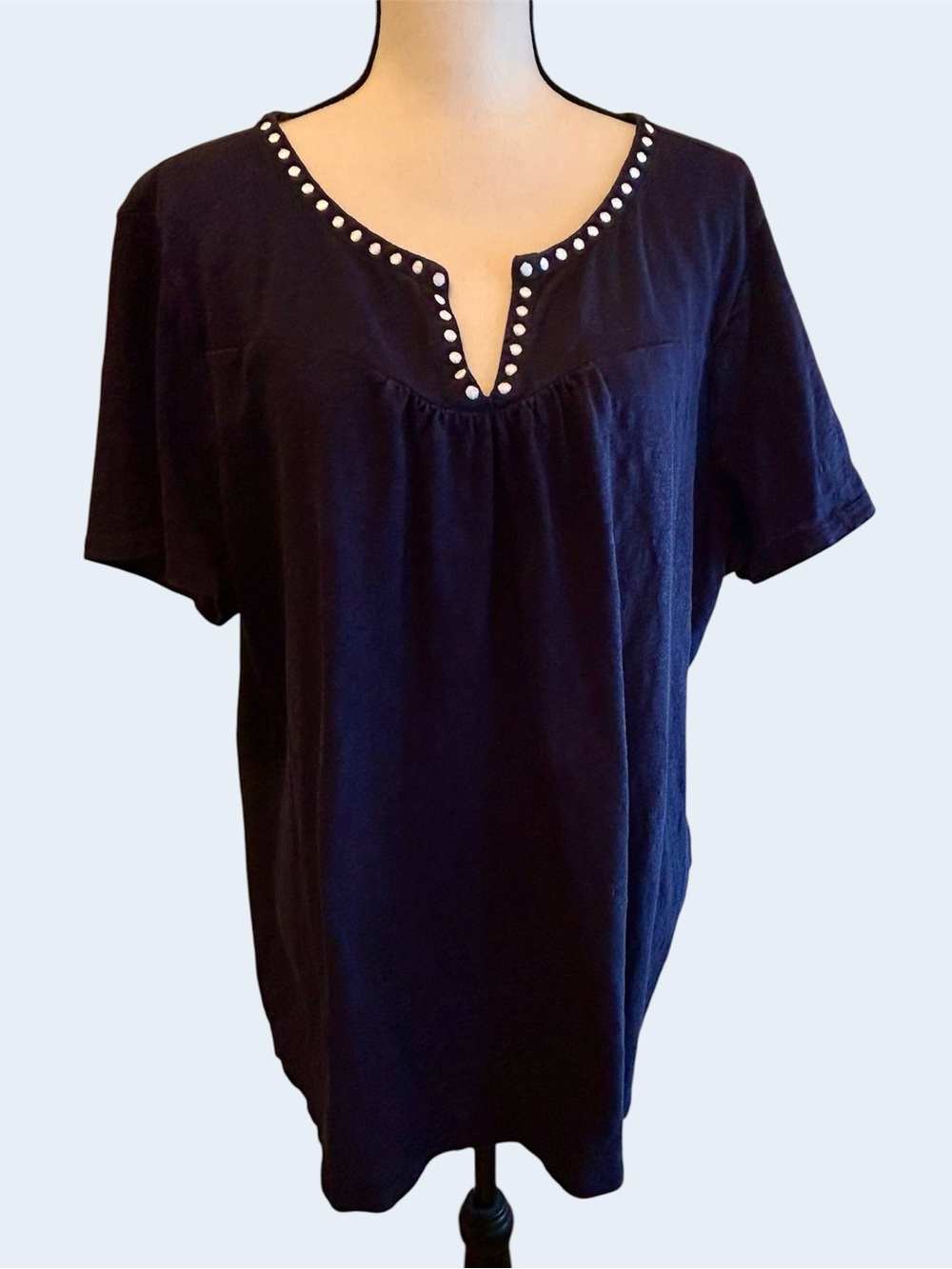 Talbots Indigo Blue Split Neck Tee Short Sleeves White Dot Embroidery Plus 2X